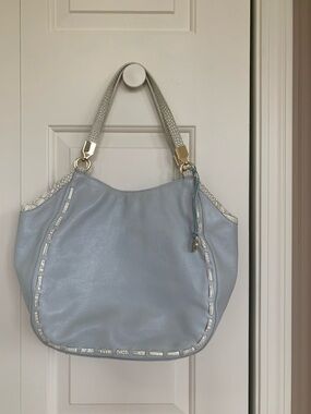 Brahmin Pale Blue Leather Shoulder Bag with Cream Trim
